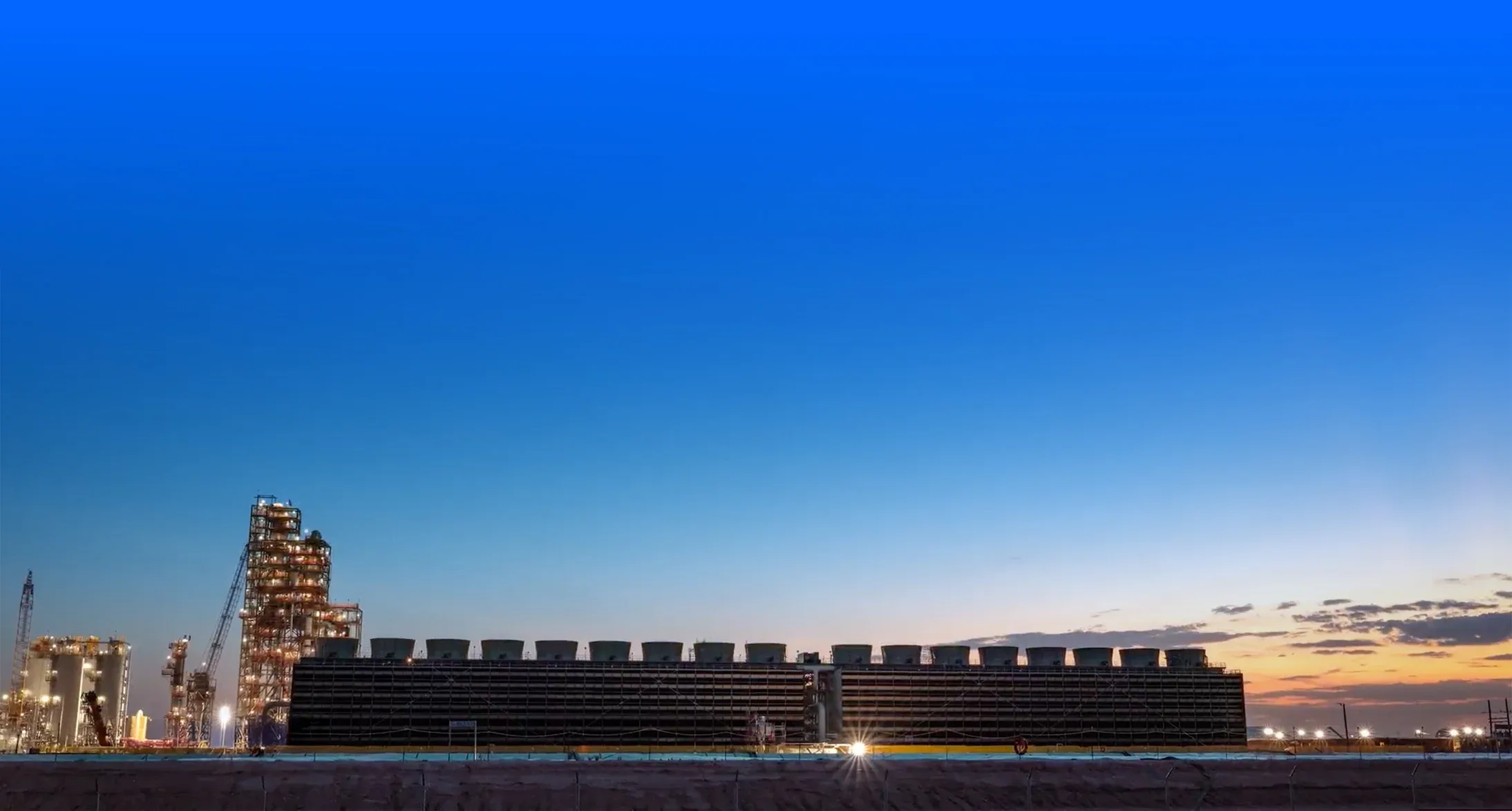 Side view of Direct Air Capture facility at sunset